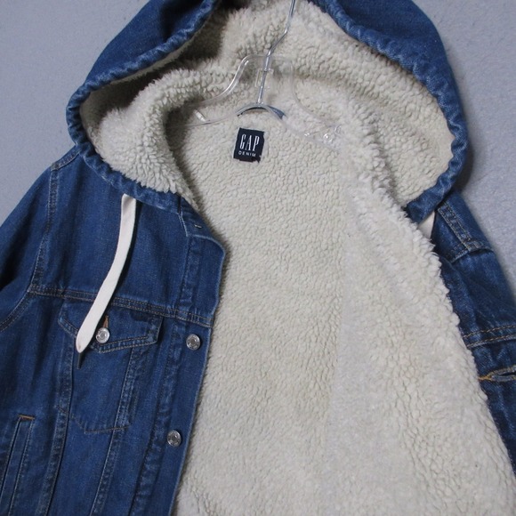 GAP Denim Jacket Womens Small Blue Sherpa Lined Hooded Jean Trucker Crop Grunge - Picture 2 of 10